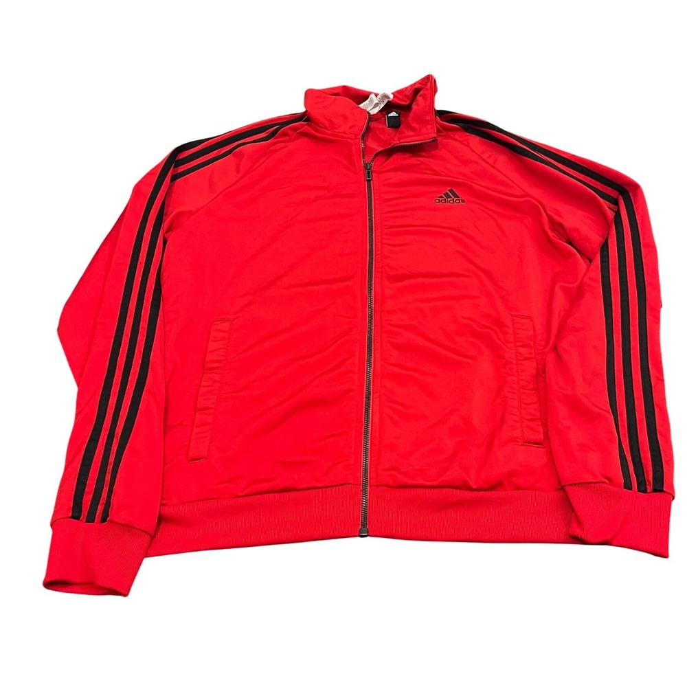 Adidas Track Jacket Mens Medium Red Black 3-Stripe Full Zip Mock Neck Logo